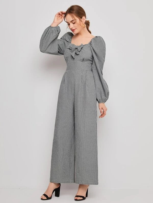 CM-JS106584 Women Casual Seoul Style Knot Front Lantern Sleeve Gingham Palazzo Jumpsuit