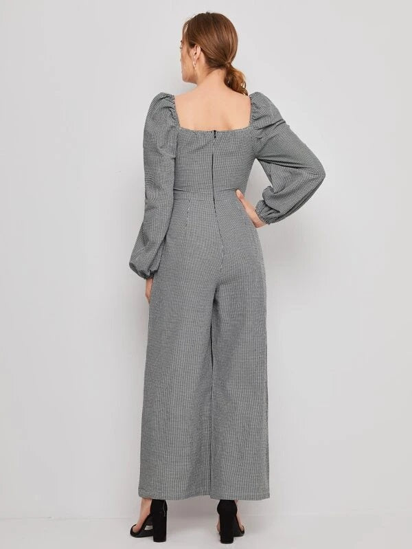 CM-JS106584 Women Casual Seoul Style Knot Front Lantern Sleeve Gingham Palazzo Jumpsuit