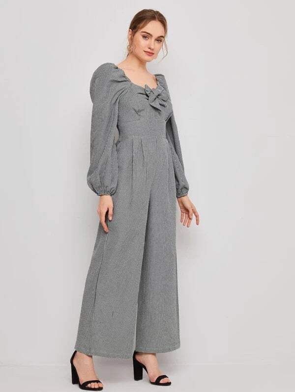 CM-JS106584 Women Casual Seoul Style Knot Front Lantern Sleeve Gingham Palazzo Jumpsuit