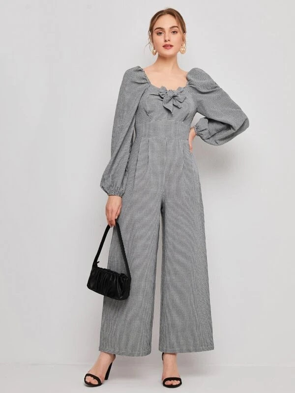 CM-JS106584 Women Casual Seoul Style Knot Front Lantern Sleeve Gingham Palazzo Jumpsuit