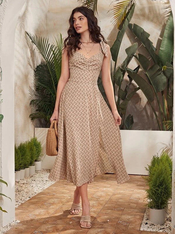 CM-DS119719 Women Trendy Bohemian Style Sleeveless Ditsy Floral Cami Dress - Apricot