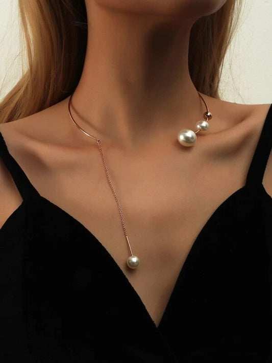 CM-AXS125662 Women Trendy Seoul Style Faux Pearl Decor Necklace - Gold