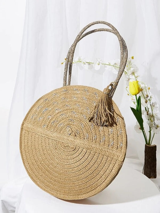 CM-BGS201034 Women Casual Seoul Style Tassel Decor Straw Circle Bag - Khaki