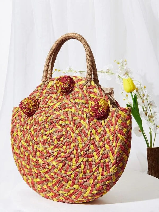 CM-BGS201736 Women Casual Seoul Style Color Block Straw Bag