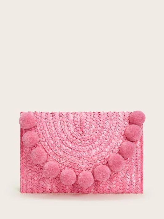 CM-BGS403407 Women Trendy Bohemian Style Pom Pom Decor Woven Clutch Bag