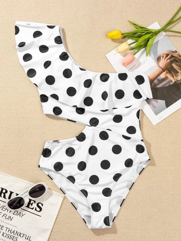 CM-SWS113974 Women Trendy Seoul Style Polka Dot Ruffle One Shoulder One Piece Swimsuit