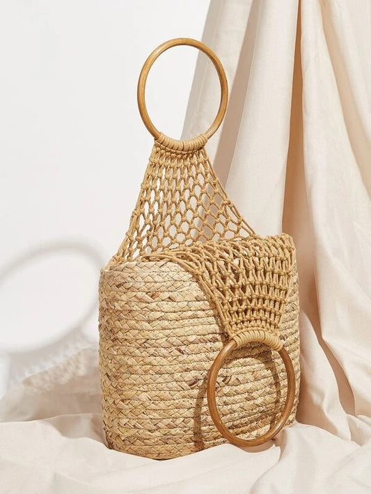 CM-BGS119598 Women Trendy Bohemian Style Braided Bucket Bag - Apricot