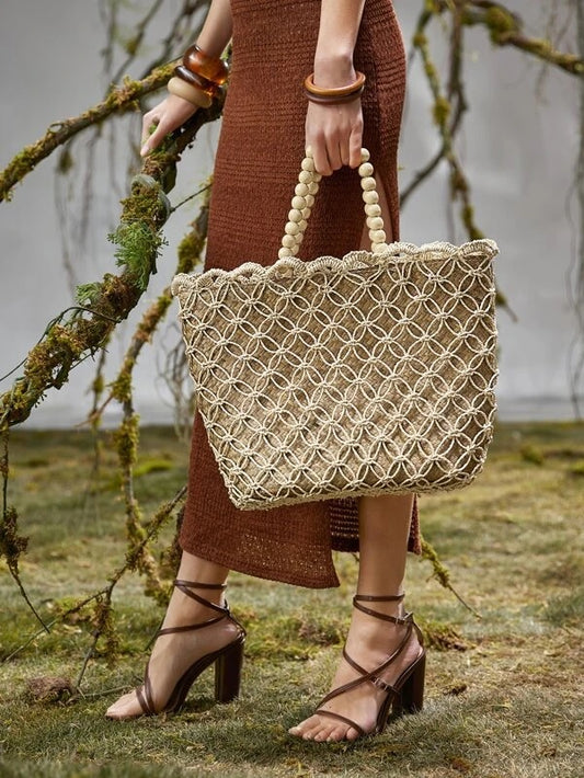 CM-BGS119201 Women Trendy Bohemian Style Braided Tote Bag - Apricot