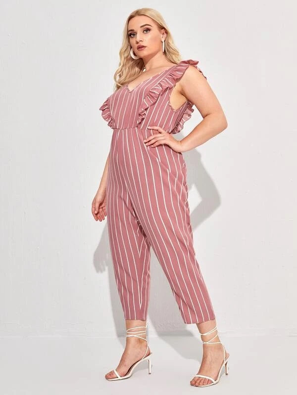 CM-JPS125073 Women Plus Size Sleeveless Striped Print Ruffle Trim Jumpsuit - Dusty Pink
