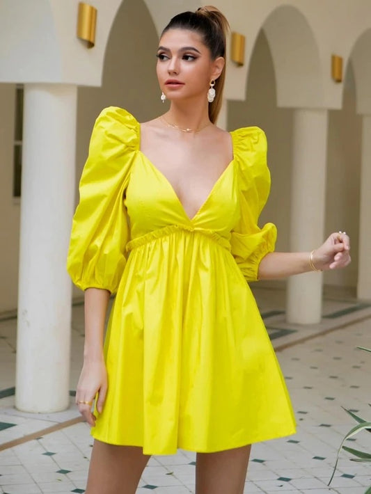 CM-DS127027 Women Elegant Seoul Style Lantern Sleeve Frill Trim Skater Dress - Yellow