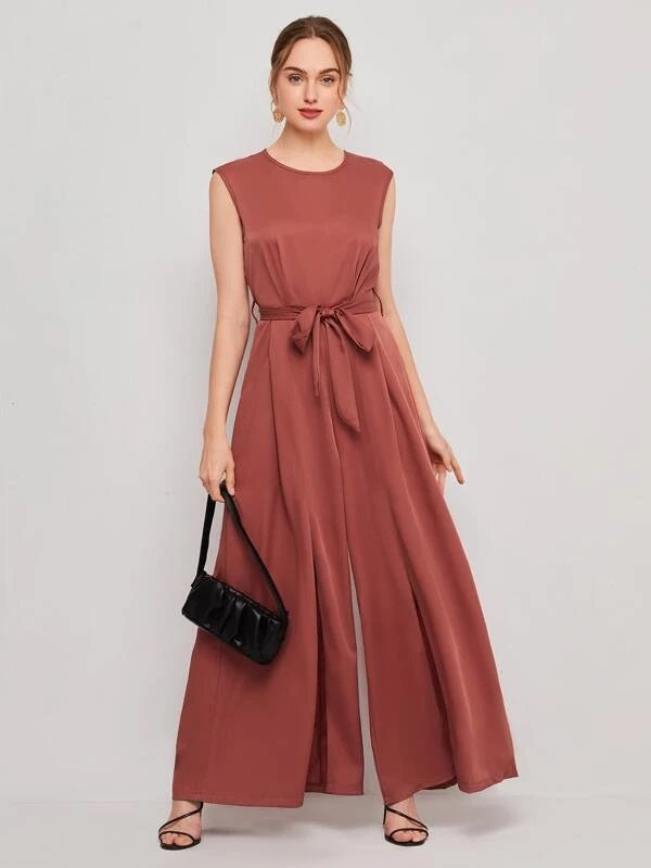 CM-JS204999 Women Elegant Seoul Style Solid Zipper Back Wide Leg Belted Jumpsuit