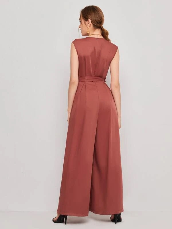 CM-JS204999 Women Elegant Seoul Style Solid Zipper Back Wide Leg Belted Jumpsuit