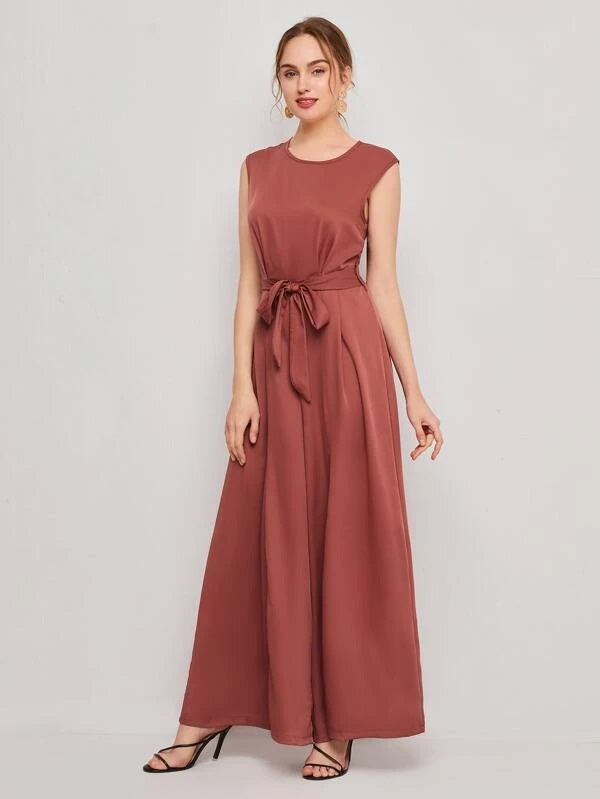 CM-JS204999 Women Elegant Seoul Style Solid Zipper Back Wide Leg Belted Jumpsuit