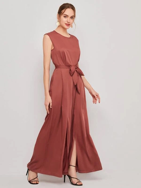 CM-JS204999 Women Elegant Seoul Style Solid Zipper Back Wide Leg Belted Jumpsuit