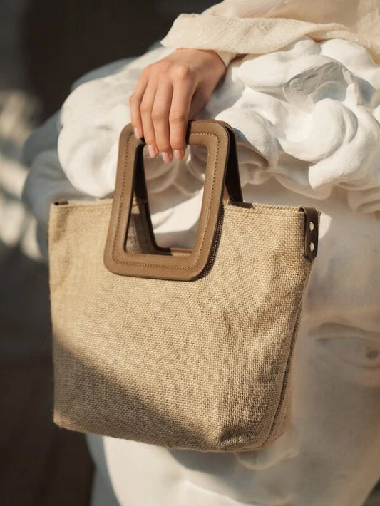 CM-BGS209287 Women Trendy Seoul Style Square Handle Tote Bag - Khaki