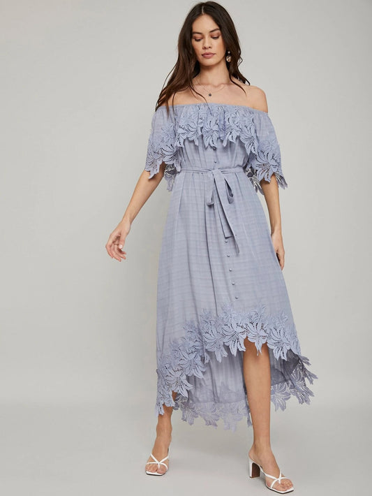 CM-ES226764 Women Elegant Seoul Style Off The Shoulder Asymmetrical Belted Bardot Dress - Blue