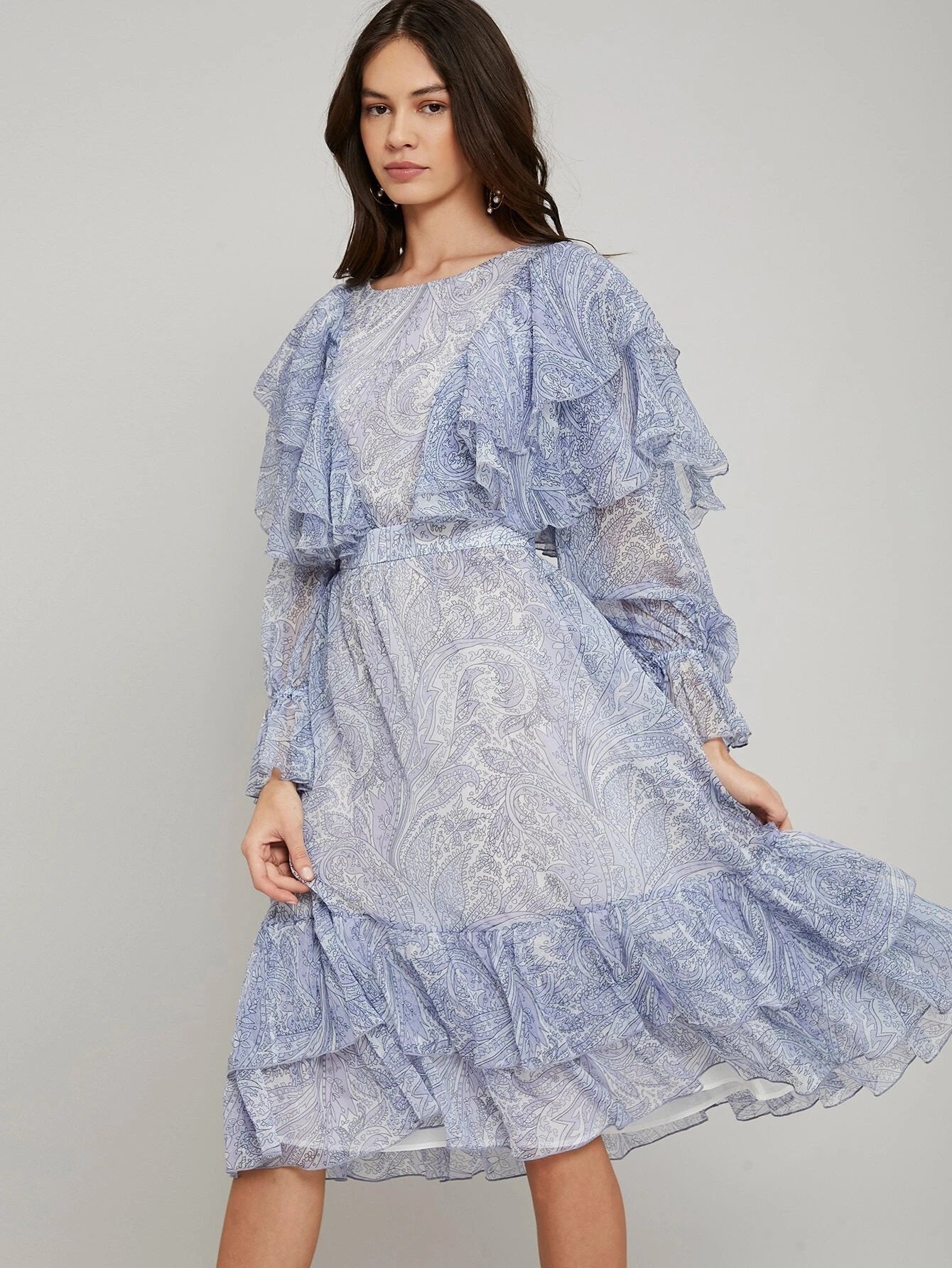 CM-ES119279 Women Elegant European Style Round Neck Layered Ruffle Flowy Midi Dress - Blue