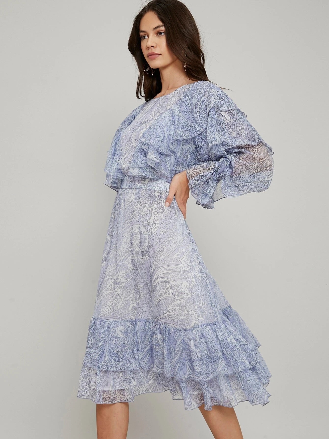 CM-ES119279 Women Elegant European Style Round Neck Layered Ruffle Flowy Midi Dress - Blue