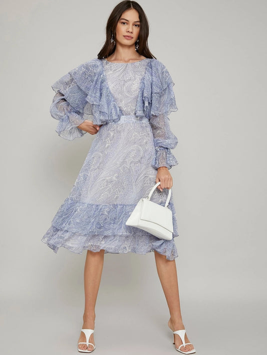 CM-ES119279 Women Elegant European Style Round Neck Layered Ruffle Flowy Midi Dress - Blue