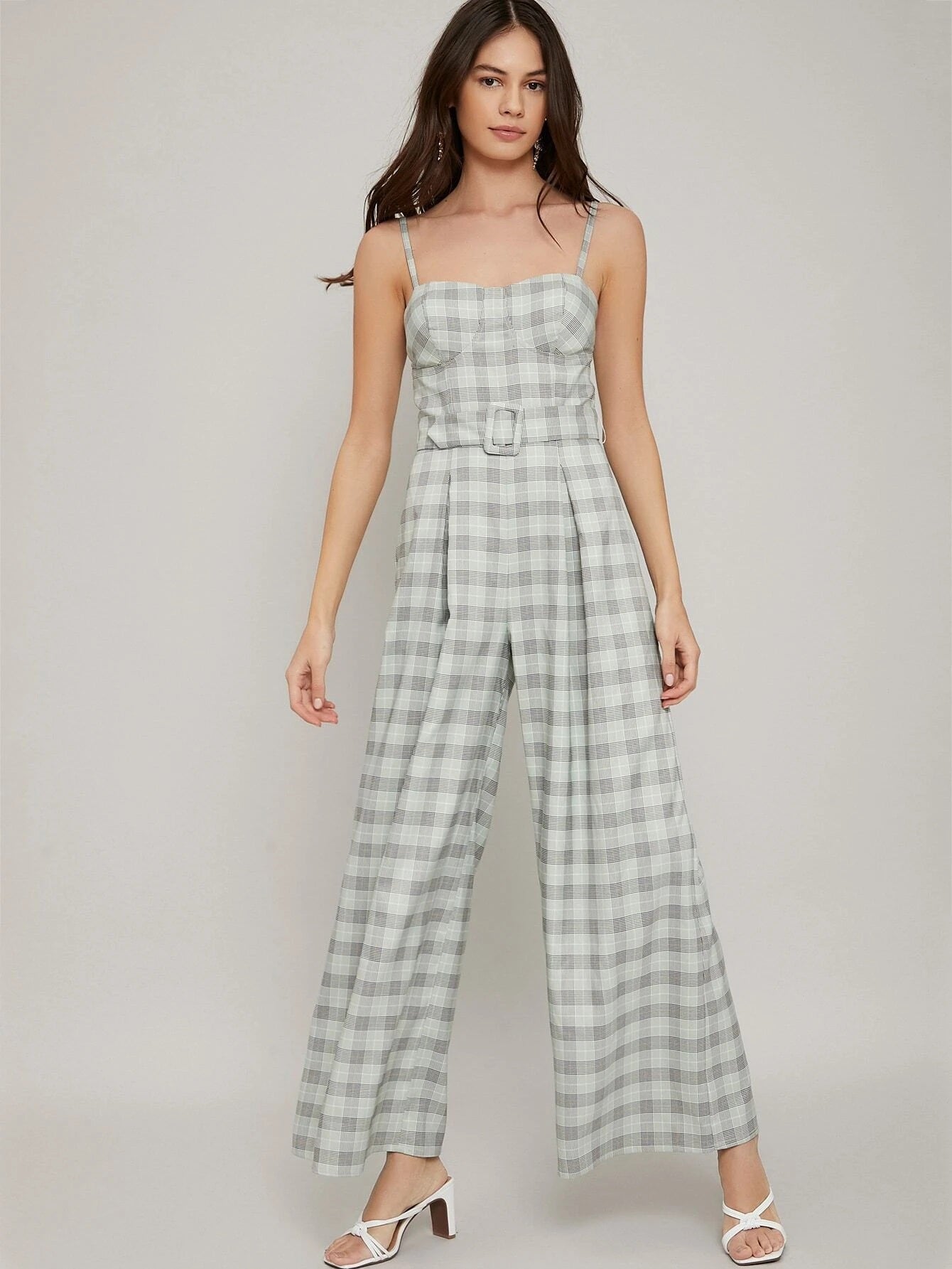 CM-JS218246 Women Elegant Seoul Style Sleeveless Check Buckle Belt Bustier Jumpsuit