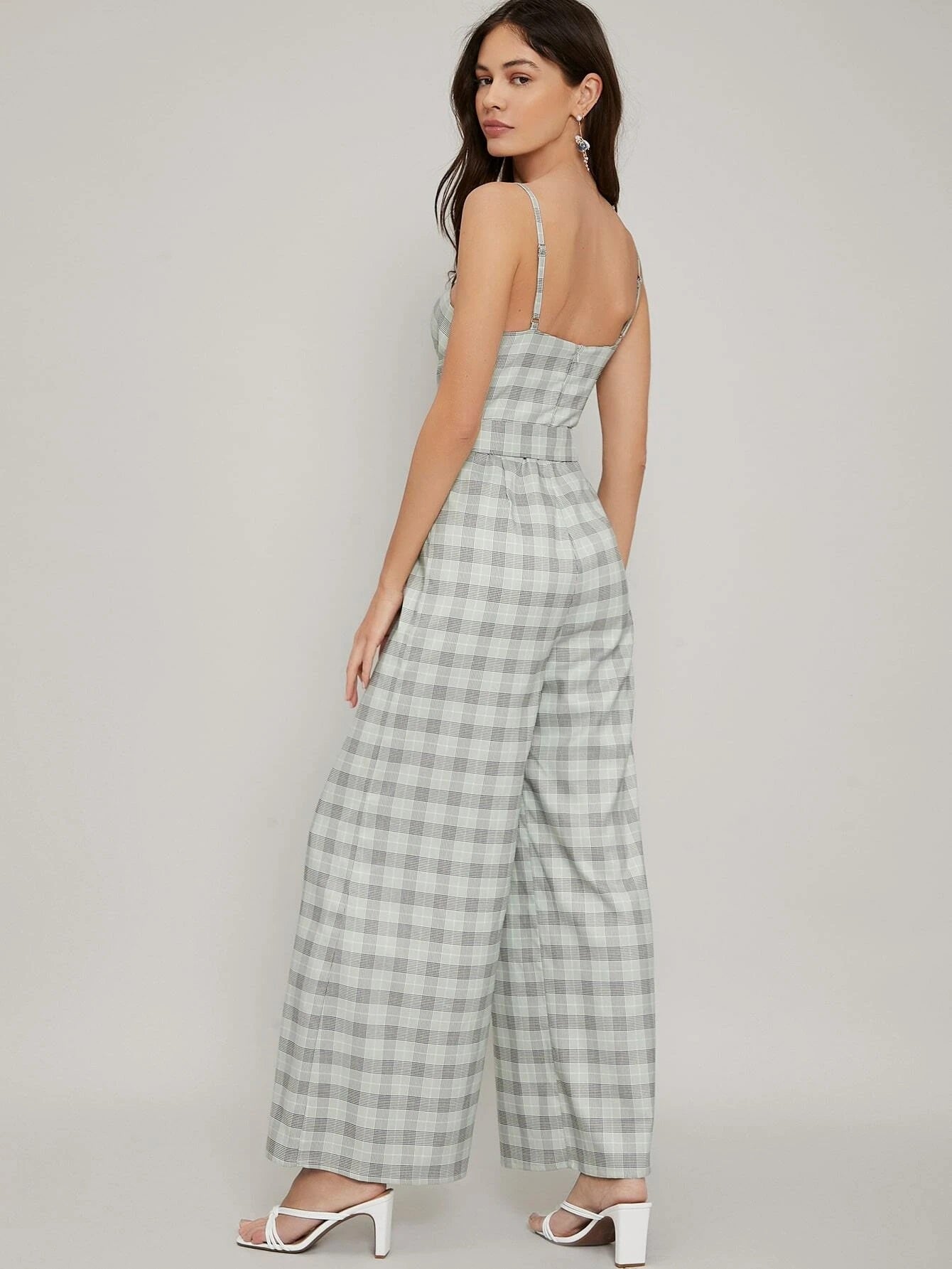 CM-JS218246 Women Elegant Seoul Style Sleeveless Check Buckle Belt Bustier Jumpsuit