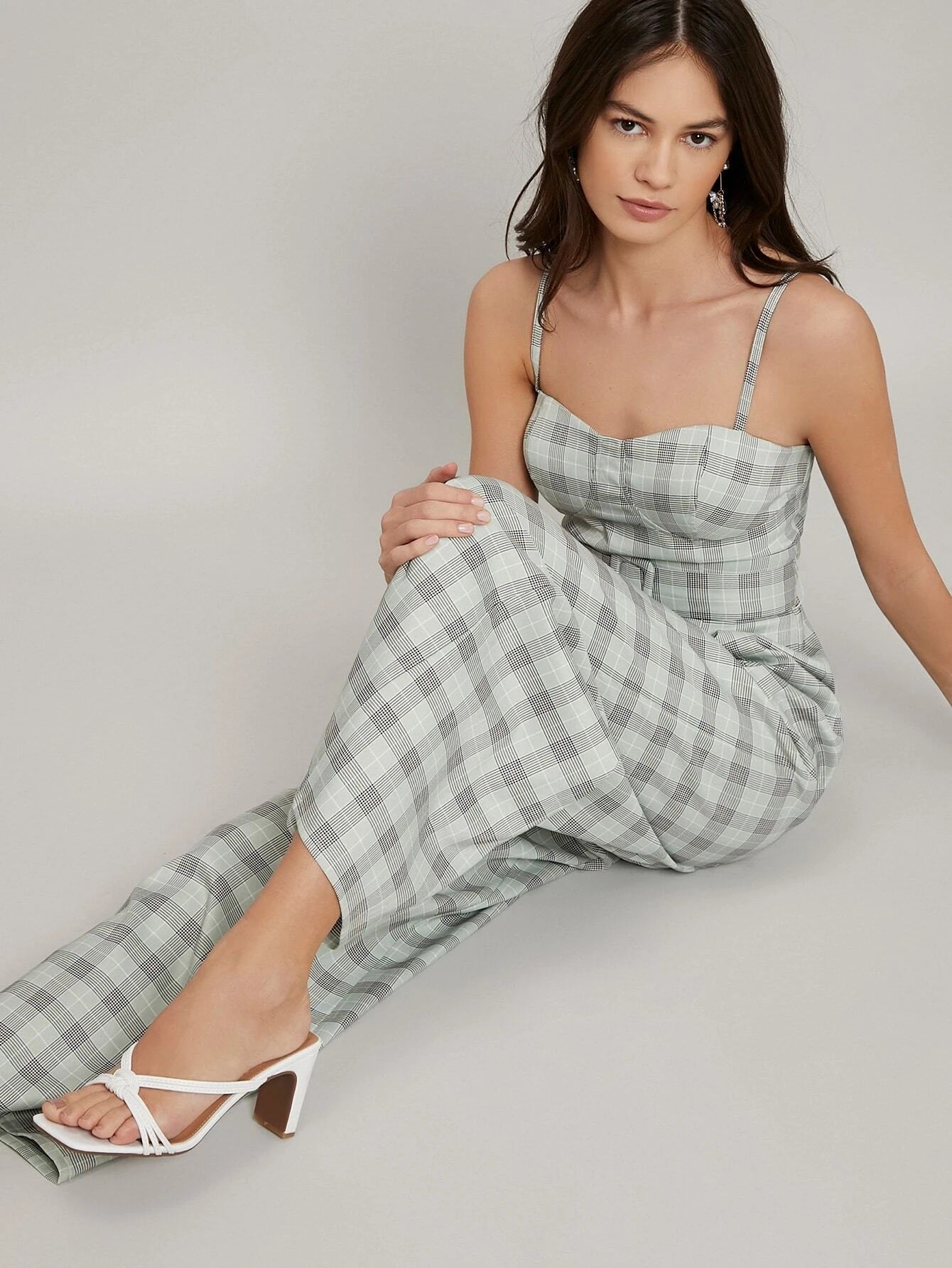CM-JS218246 Women Elegant Seoul Style Sleeveless Check Buckle Belt Bustier Jumpsuit