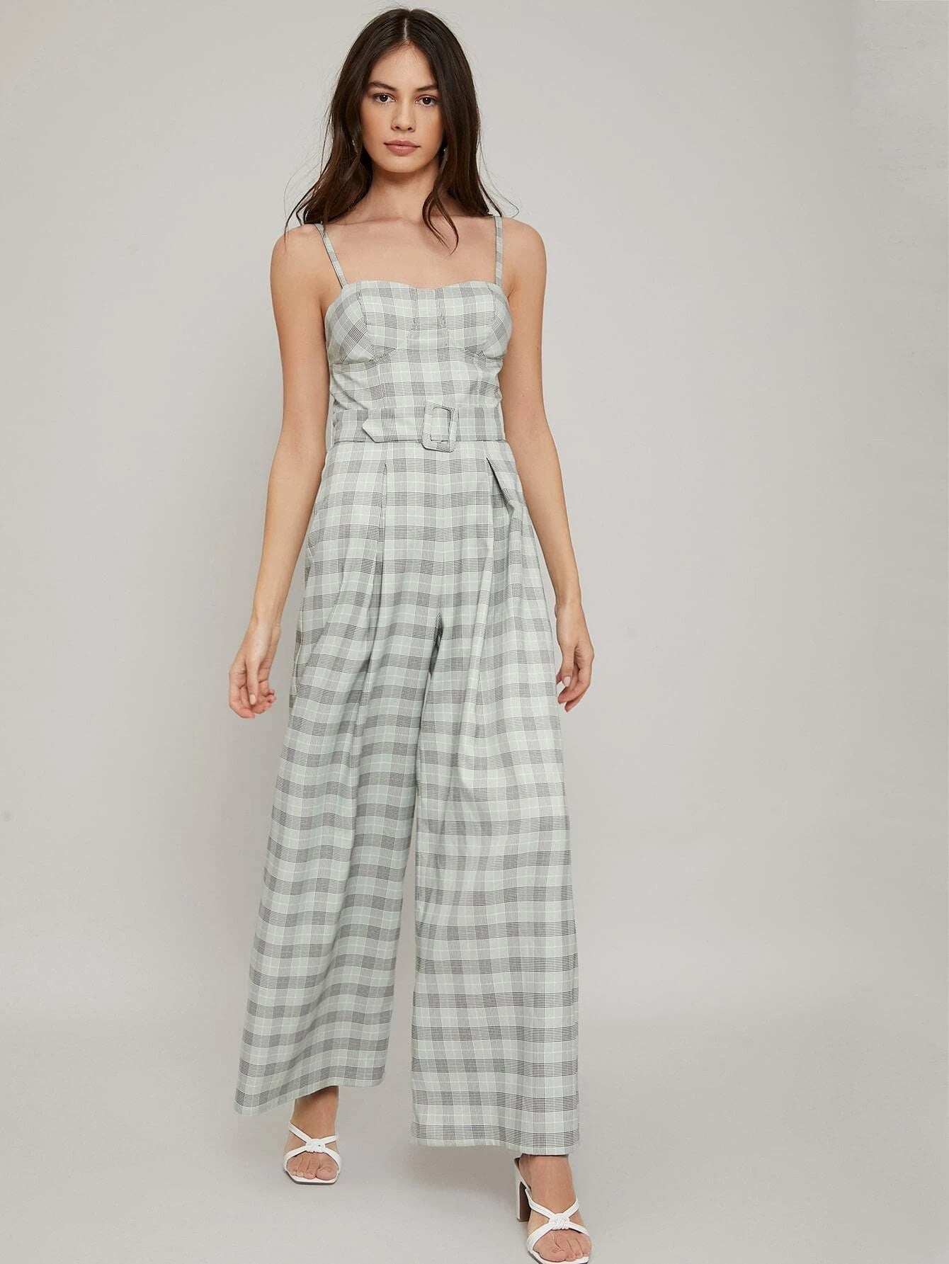 CM-JS218246 Women Elegant Seoul Style Sleeveless Check Buckle Belt Bustier Jumpsuit