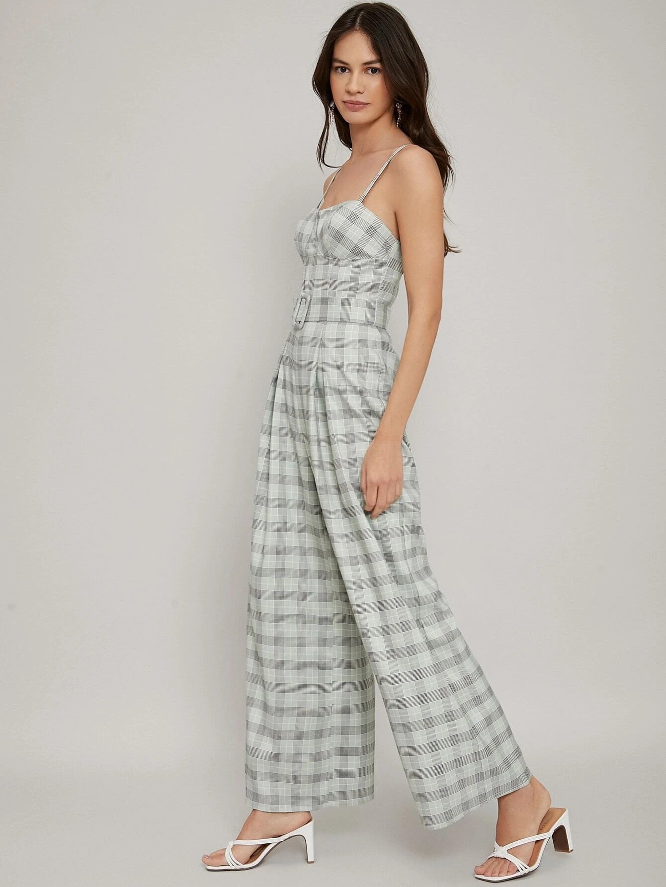 CM-JS218246 Women Elegant Seoul Style Sleeveless Check Buckle Belt Bustier Jumpsuit