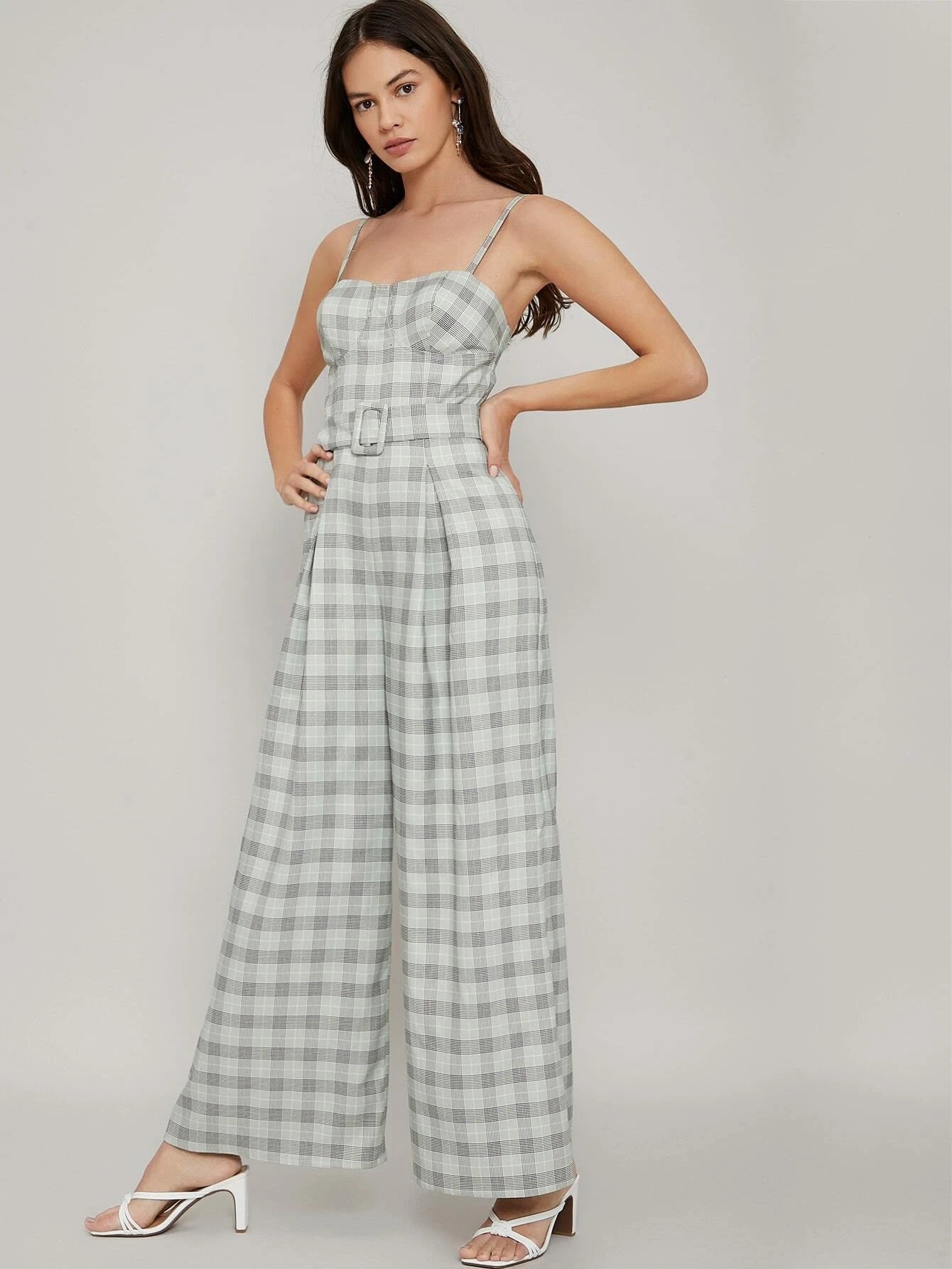 CM-JS218246 Women Elegant Seoul Style Sleeveless Check Buckle Belt Bustier Jumpsuit