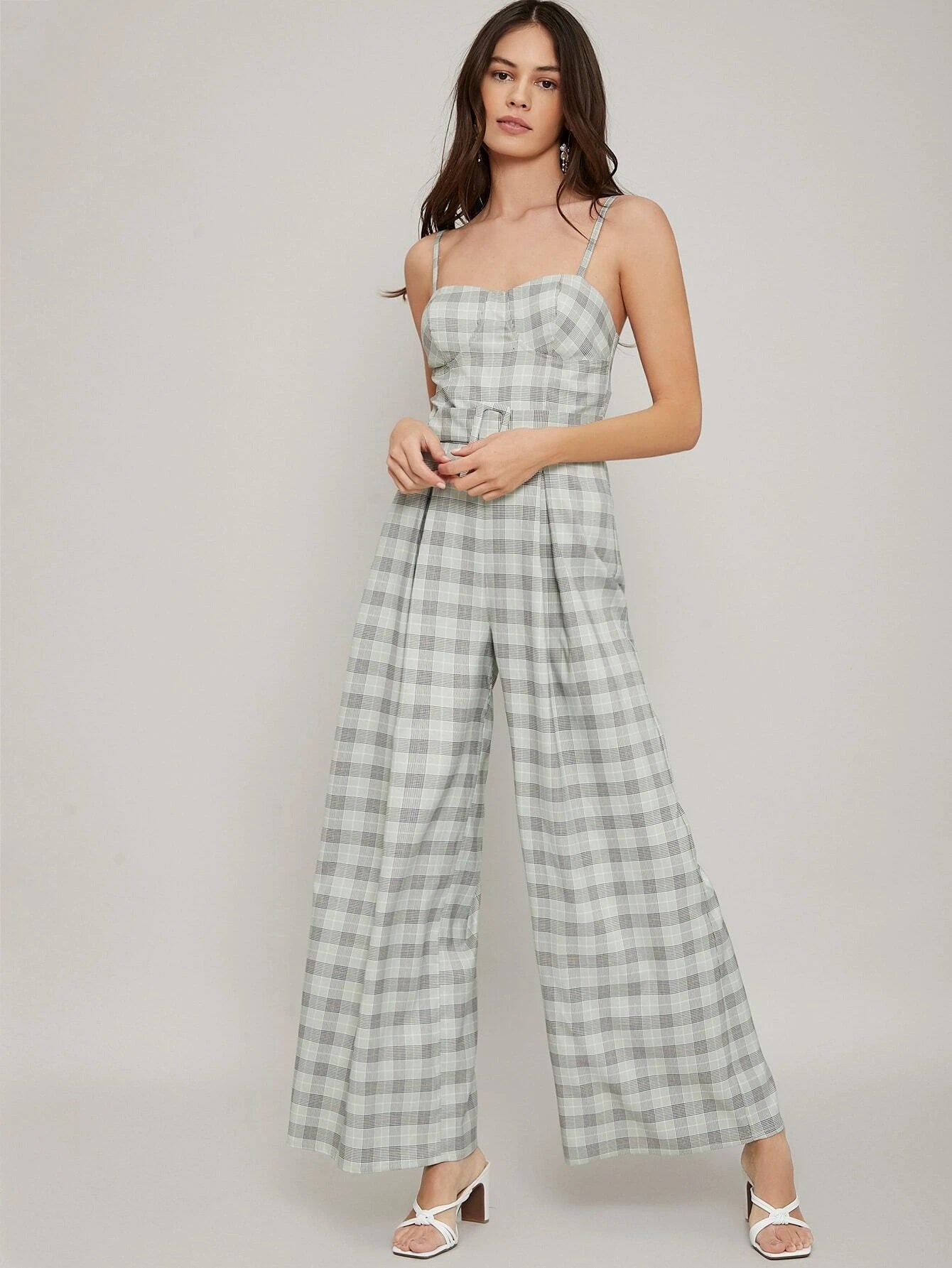 CM-JS218246 Women Elegant Seoul Style Sleeveless Check Buckle Belt Bustier Jumpsuit