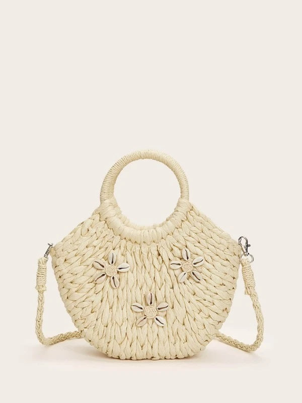 CM-BGS110695 Women Trendy Seoul Style Shell Decor Straw Satchel Bag - Beige