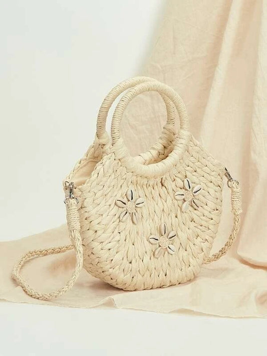 CM-BGS110695 Women Trendy Seoul Style Shell Decor Straw Satchel Bag - Beige