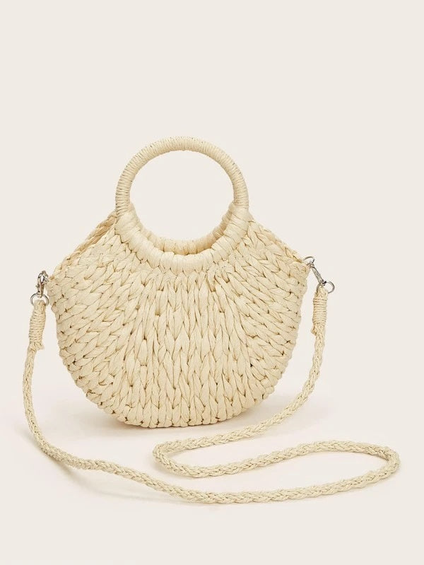 CM-BGS110695 Women Trendy Seoul Style Shell Decor Straw Satchel Bag - Beige
