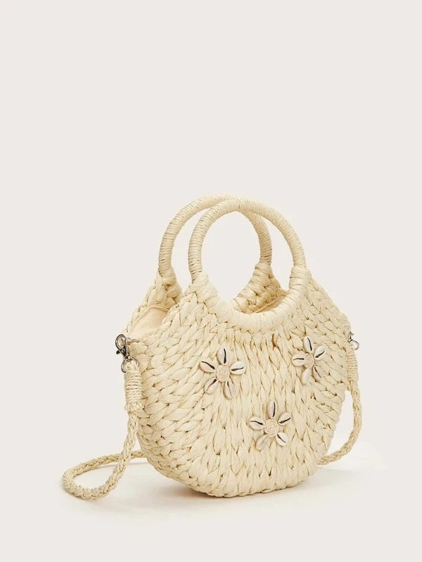 CM-BGS110695 Women Trendy Seoul Style Shell Decor Straw Satchel Bag - Beige