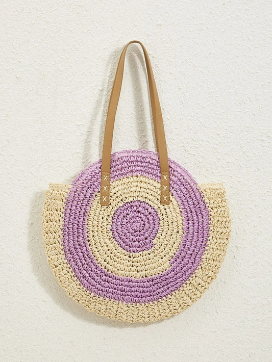 CM-BGS109073 Women Trendy Seoul Style Color Block Straw Bag