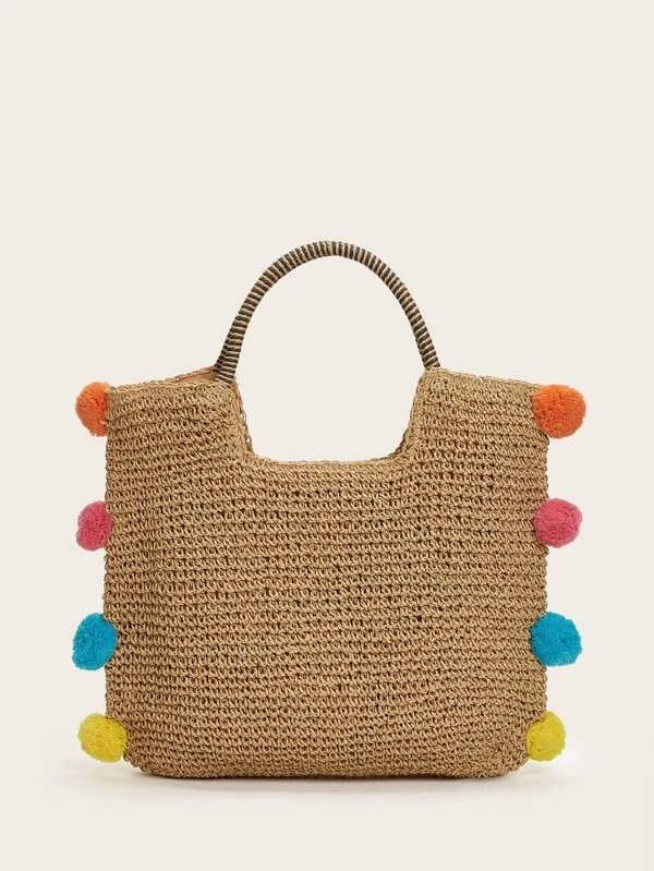 CM-BGS109226 Women Trendy Seoul Style Pom Pom Decor Straw Bag