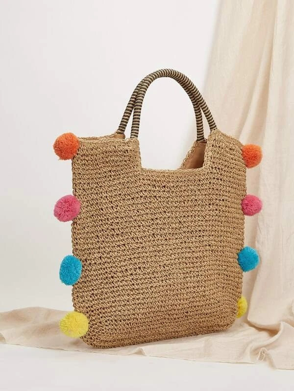 CM-BGS109226 Women Trendy Seoul Style Pom Pom Decor Straw Bag
