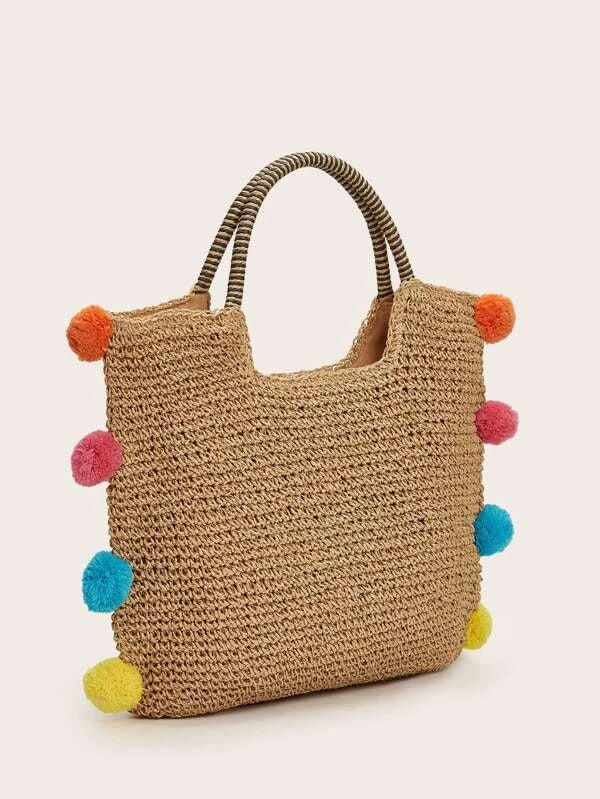 CM-BGS109226 Women Trendy Seoul Style Pom Pom Decor Straw Bag