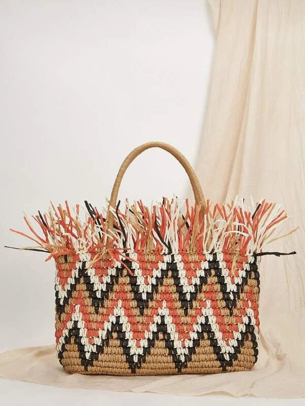 CM-BGS110931 Women Trendy Seoul Style Color Block Tote Bag