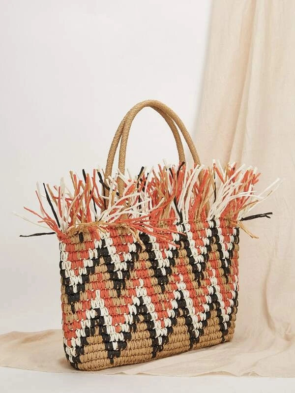 CM-BGS110931 Women Trendy Seoul Style Color Block Tote Bag