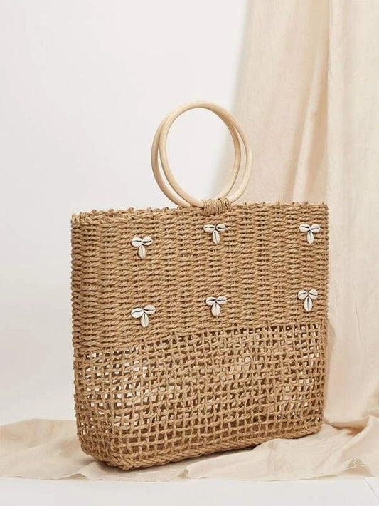 CM-BGS109883 Women Trendy Bohemian Style Shell Decor Straw Bag - Camel
