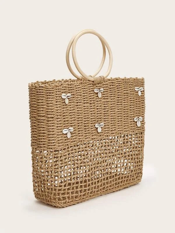 CM-BGS109883 Women Trendy Bohemian Style Shell Decor Straw Bag - Camel