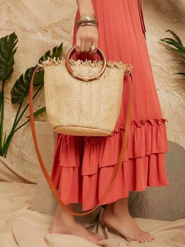 CM-BGS223587 Women Trendy Seoul Style Straw Satchel Bag - Camel
