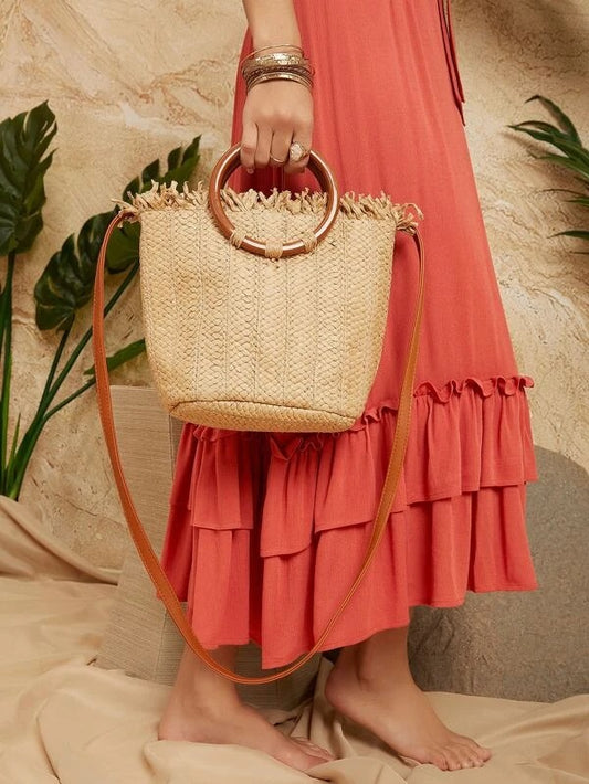 CM-BGS223587 Women Trendy Seoul Style Straw Satchel Bag - Camel