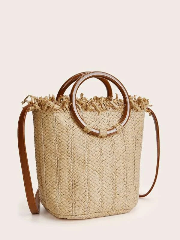 CM-BGS223587 Women Trendy Seoul Style Straw Satchel Bag - Camel