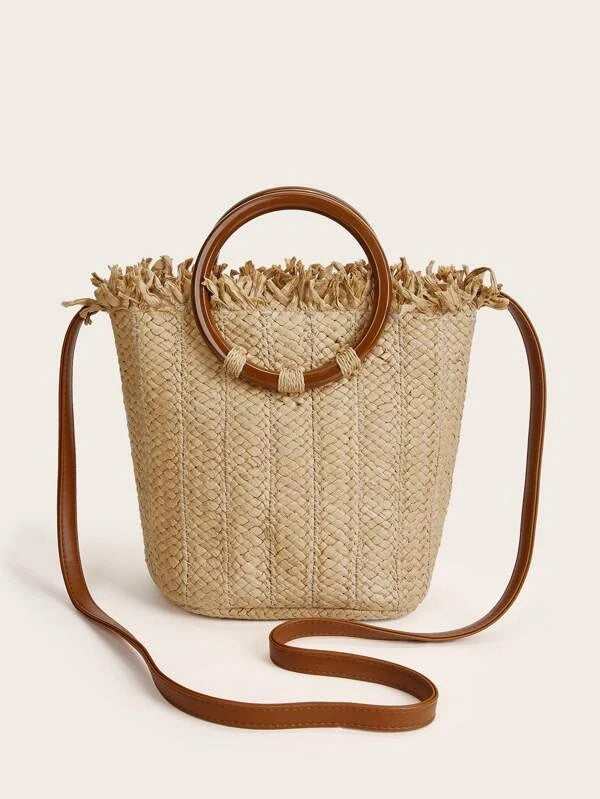 CM-BGS223587 Women Trendy Seoul Style Straw Satchel Bag - Camel