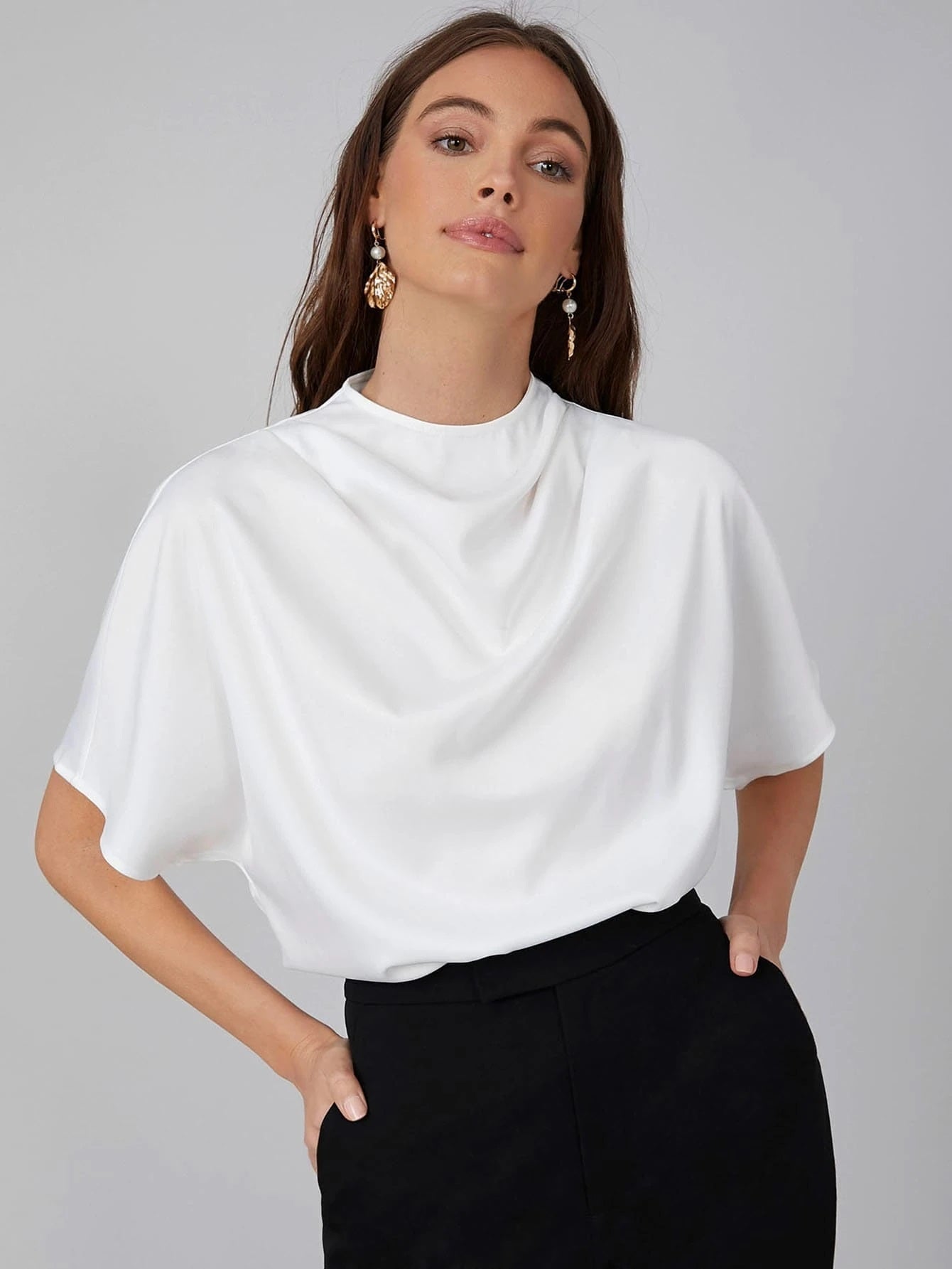 CM-TS218451 Women Casual Seoul Style Draped Cowl Neck Short Sleeve Top - White