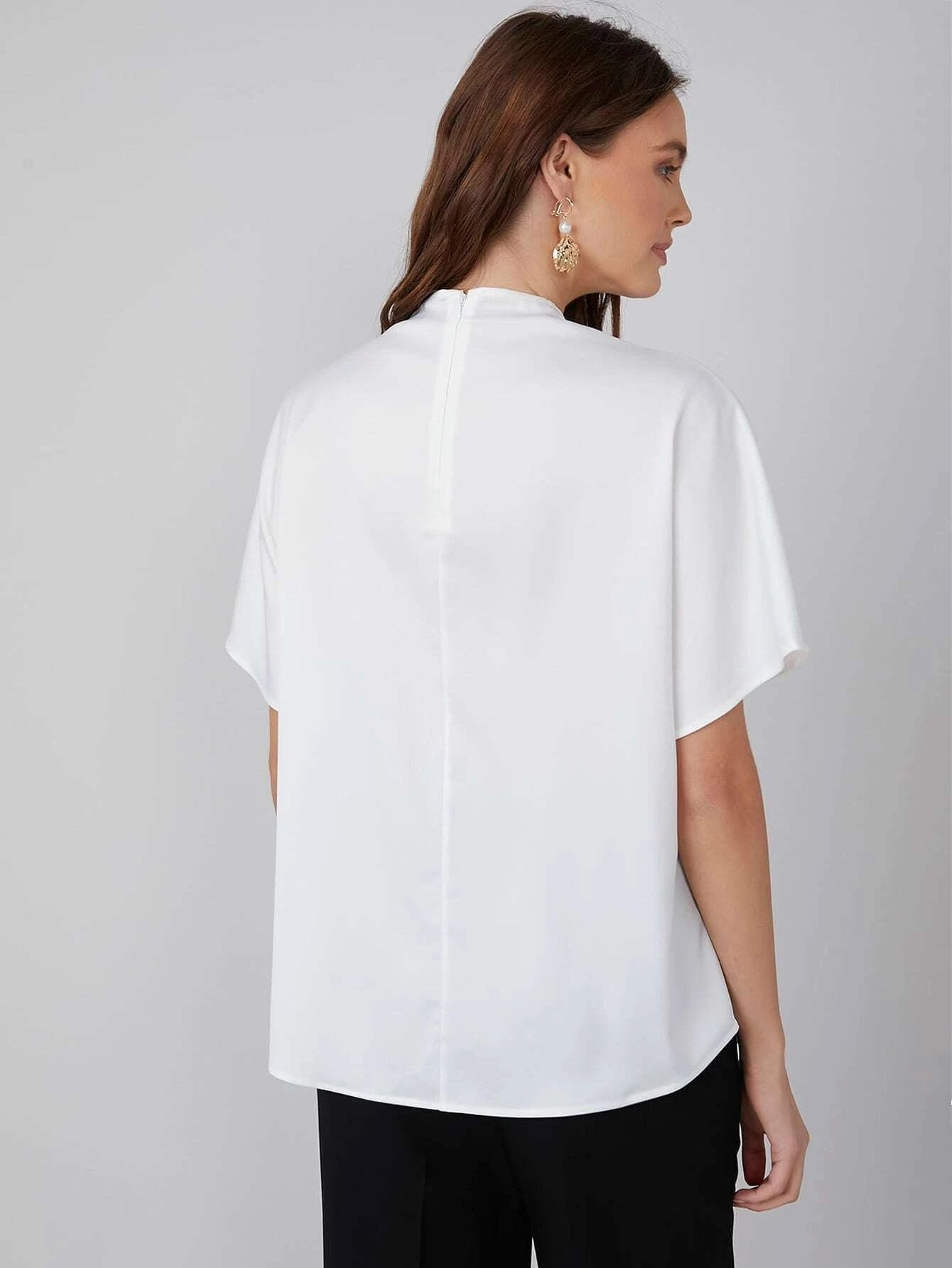 CM-TS218451 Women Casual Seoul Style Draped Cowl Neck Short Sleeve Top - White