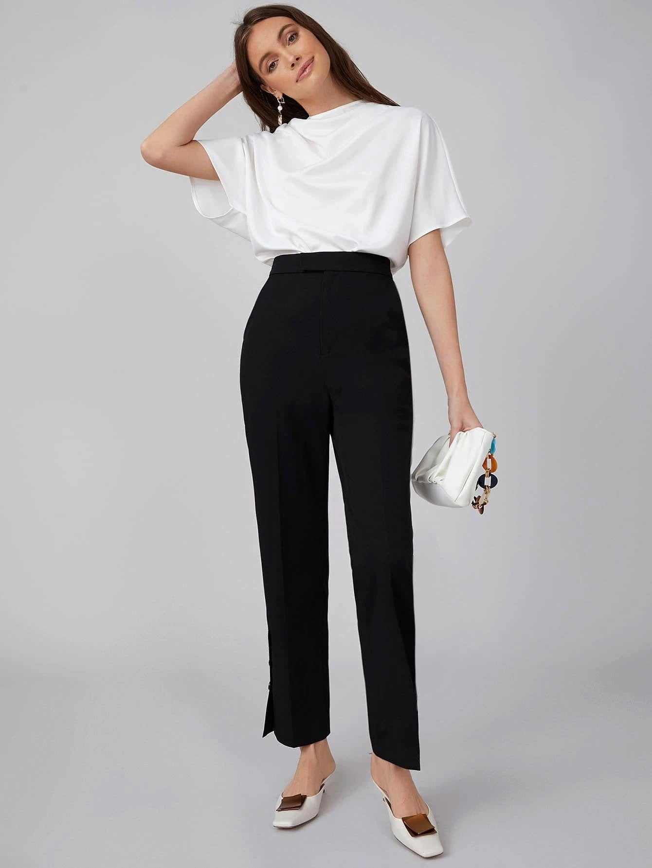 CM-TS218451 Women Casual Seoul Style Draped Cowl Neck Short Sleeve Top - White