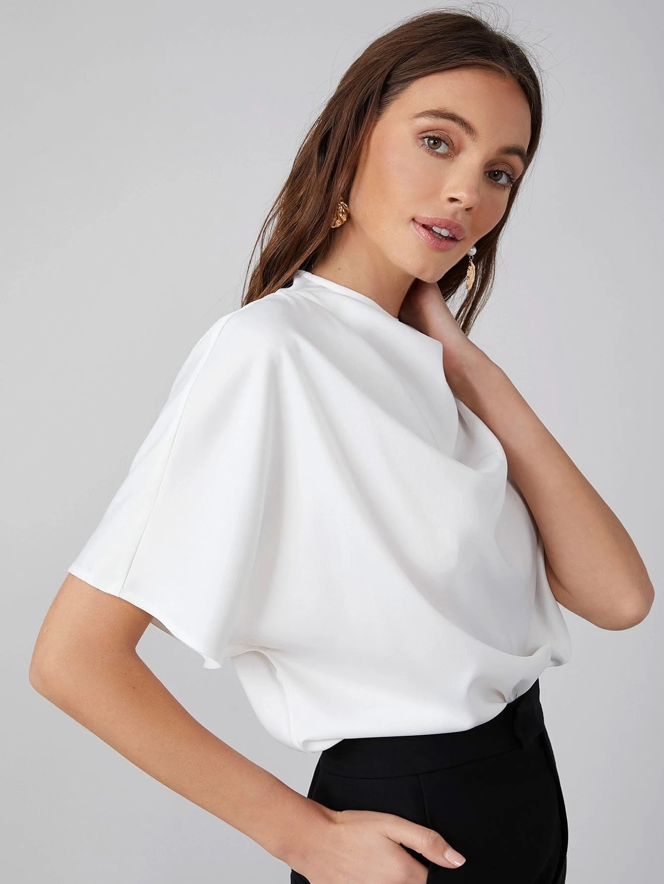CM-TS218451 Women Casual Seoul Style Draped Cowl Neck Short Sleeve Top - White